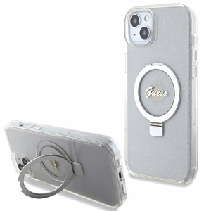 Guess GUHMP15MHRSGSD iPhone 15 Plus / 14 Plus 6.7" Läpinäkyvä/Läpinäkyvä Kova Suojakuori Ring Stand Script Glitter MagSafe
