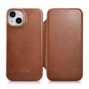 iCarer CE Öljyvaha Premium Nahka Folio Case iPhone 14 Plus magneettinen flip tapauksessa MagSafe ruskea (AKI14220707-BN)