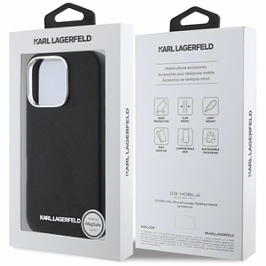 Karl Lagerfeld Saffiano Full Wrapped Elongated Metal Logo MagSafe Suojakuori iPhone 16 Pro Maxille - musta