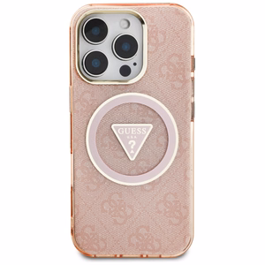 Guess IML Metal Glitter 4G Circle Triangle MagSafe Suojakuori iPhone 16 Pro:lle - Vaaleanpunainen