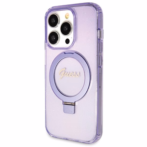 Guess Ring Stand Script Glitter MagSafe suojakuori iPhone 14 Pro Maxille - violetti