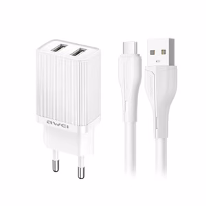 Laturi Awei C15T-EU 10W 2xUSB-A + USB-A USB-C-kaapeli 1,0m valkoinen