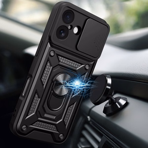 Hybrid Armor Camshield Suojakuori jalustalla ja kameran suojuksella iPhone 17:lle - musta