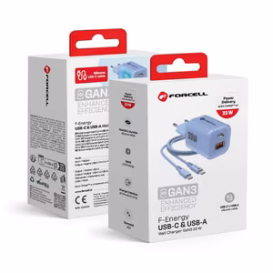 Phone charger Forcell F-Energy GaN III Crystal Color USB C + USB A QC4.0 PD 33W + silicone cable USB C to USB C VT-41 blue