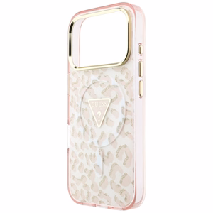 Guess IML Leopard Glitter Triangle Logo MagSafe suojakuori mallille iPhone 17 Pro Max / 18 Pro Max – väri: vaaleanpunainen