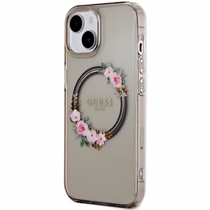 Guess IML Flowers Wreath MagSafe Suojakuori iPhone 15 / 14 / 13:lle - musta