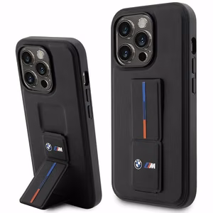 BMW Grip Stand Hot Stamp Suojakuori iPhone 14 Prolle - Musta