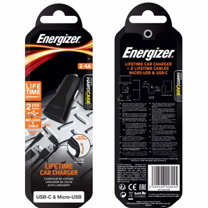 Energizer HardCase DC2BLCMM autolaturi, 2 × USB-A, 2,4 A, USB-C- ja Micro-USB-kaapelilla, musta