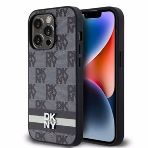 DKNY Nahkainen Checkered Mono Pattern & Printed Stripes Suojakuori iPhone 14 Pro:lle - musta
