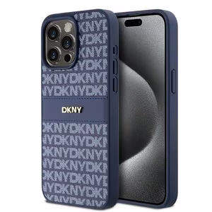DKNY Nahkainen Mono Raita ja Metallinen Logo Suojakuori iPhone 15 Pro Max:lle - sininen