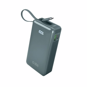 Powerbank SBS 10000 mAh 20W sisäänrakennetulla USB-C-kaapelilla ja digitaalisella näytöllä - harmaa
