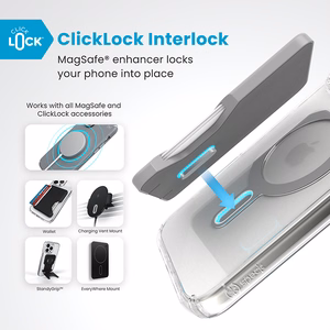 Speck Presidio Perfect-Clear -suojakuori MagSafe- ja ClickLock-tuella iPhone 16 Pro Max:lle, Clear/Chrome