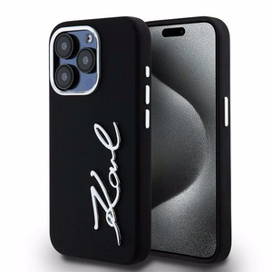 Karl Lagerfeld Silikoninen Metal Script Logo iPhone 15 Pro Max Suojakuori - Musta