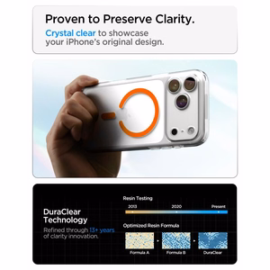 Spigen Ultra Hybrid MagSafe -suojakuori iPhone 18 Pro / 17 Pro -malleille, läpinäkyvä oranssi