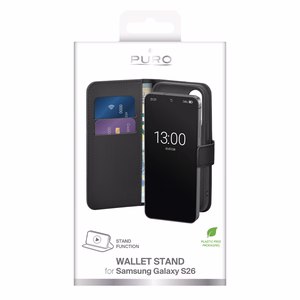 Puro eko-nahkainen lompakkosuojakuori Samsung Galaxy S26:lle musta