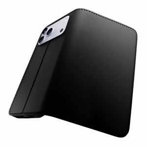 Puro Wallet Stand suojakuori iPhone 17 Pro:lle - ekotekonahkainen lompakko- ja jalustakuori, musta