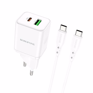 Borofone Seinälaturi BN7 - USB + Type C - QC 3.0 PD 20W Type C - Type C -kaapelilla valkoinen