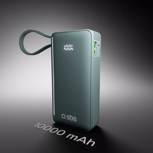 Powerbank SBS 10000 mAh 20W sisäänrakennetulla USB-C-kaapelilla ja digitaalisella näytöllä - harmaa