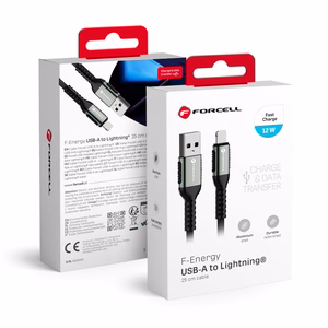 USB A - Lightning Forcell F-Energy 2,4A 12W Cafule kaapeli 0,25 m C257 musta