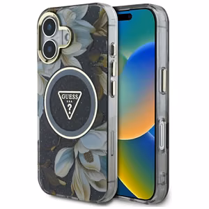 Guess suojakuori iPhone 16:lle MagSafe-tuella GUHMP16SHFLPEDK (IML Metal Glitter Flowers Triangle) - musta