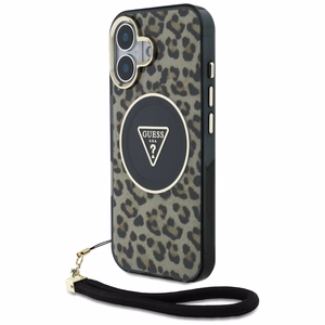 Guess HC IML Leopard Triangle Cord Strap MagSafe Suojakuori iPhone 16:lle - ruskea