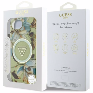 Guess IML Metal Glitter Flowers Triangle MagSafe iPhone 16e Case - Green