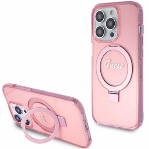 GUESS Suojakuori IPHONE 15 Prolle MagSafe-yhteensopiva GUHMP15LHRSGSP (Glitter Script Logo Ring stand) vaaleanpunainen