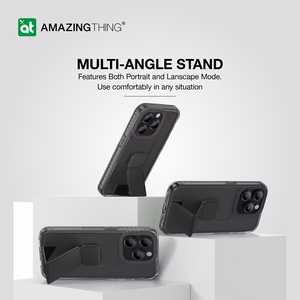 Amazing Thing Titan Pro Holder Suojakuori 10FT IP156.7PTHBK iPhone 15 Pro Max:lle musta jalustalla