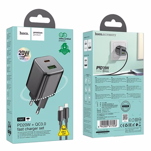 Laturi Hoco USB-A + USB-C QC PD 3A 20W + USB-C - Lightning -kaapeli N41 musta