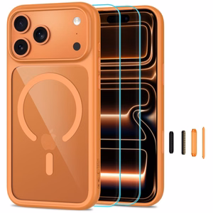 Tech-Protect MagOne CC MagSafe suojakuori ja 2 kpl karkaistuja laseja malleille iPhone 18 Pro Max / 17 Pro Max, läpinäkyvä oranssi