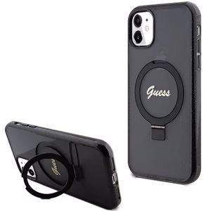 Guess Ring Stand Script Glitter MagSafe -suojakuori iPhone 11 / Xr:lle - musta