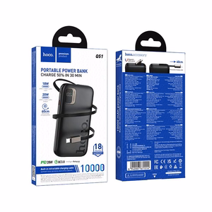 Hoco Q51 -varavirtalähde 10000 mAh QC PD 20W sisäänvedettävällä USB-C-kaapelilla, musta
