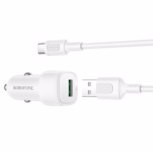 Borofone BZ34 Cloud -autolaturi - USB - QC 3.0 18W ja USB - Type C -kaapeli, valkoinen