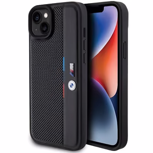 BMW Perforated Tricolor Line Suojakuori iPhone 15 Plus / 14 Plus:lle - musta