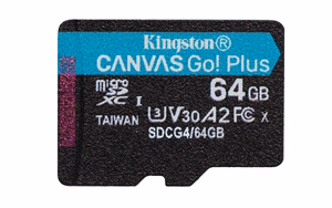 Kingston muistikortti 64GB microSDXC Canvas Go Plus Gen4 200MB/s A2 U3 V30 -kortti + sovitin