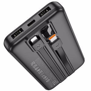 Varavirtalähde Hoco 10000 mAh 2A integroiduilla USB-C + Lightning -kaapeleilla J118 musta