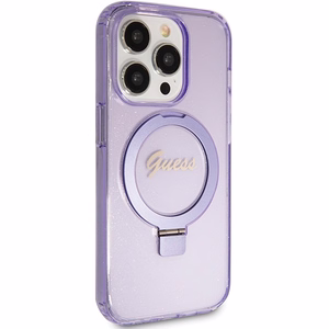 Guess Ring Stand Script Glitter MagSafe Suojakuori iPhone 15 Prolle - violetti