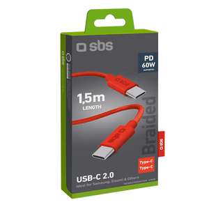 SBS TECABLETISSUETCCR USB-C - USB-C 1,5m 60W punottu kaapeli - punainen