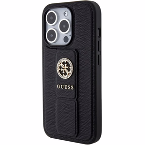 Guess Grip Stand 4G Saffiano Strass Suojakuori iPhone 15 Pro Maxille - musta