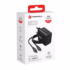 Forcell F-Energy GaN III Crystal Color VT-60 -puhelinlaturi, 2 × USB-C, AVS, SSFC3.0, 60 W, USB-C–USB-C-silikonikaapeli, musta