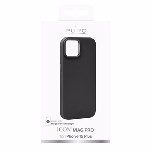 Puro Icon Mag Pro Silikoninen Suojakuori MagSafella ja metallipainikkeilla iPhone 15 Pluslle - Musta