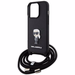 Karl Lagerfeld Crossbody Saffiano Monogram Metal Pin Karl & Choupette Suojakuori iPhone 15 Pro:lle - musta