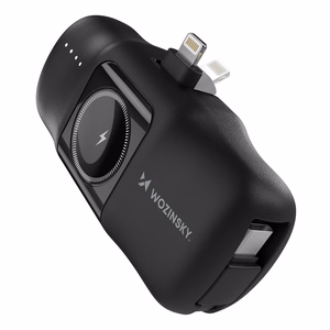 Wozinsky WF16-YLS 5000mAh 15W Lightning Mini Power Bank, jossa on sisäänrakennettu USB-C-kaapeli ja Apple Watch -laturi - musta