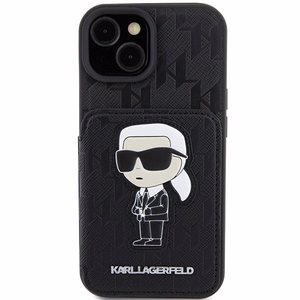 Karl Lagerfeld Saffiano Cardslots and Stand Monogram Ikonik Patch suojakuori iPhone 15:lle - musta