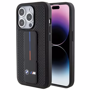 BMW Grip Stand Smooth & Perforated Suojakuori iPhone 15 Pro:lle - musta