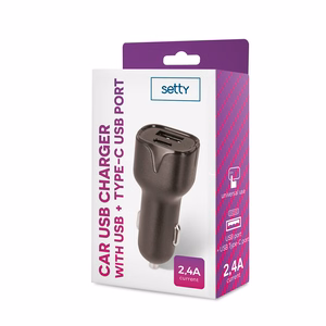 Setty autolaturi 1x USB 1x USB-C 2,4A musta