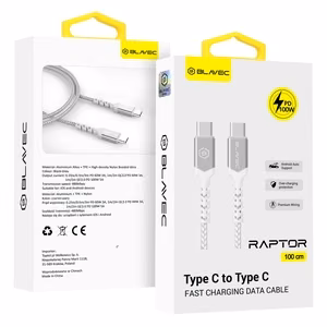Blavec Raptor punottu kaapeli - Type-C - Type-C - PD 100W 5A 1 m Apple CarPlay/Android Auto (CRA-CC5WS10) valkoinen-hopea