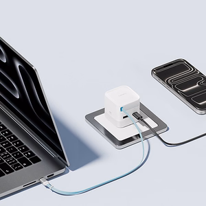 Cuktech AD653W wall power adapter 67 W GaN, 2× USB-C and USB-A, with 70 cm retractable USB-C cable – white
