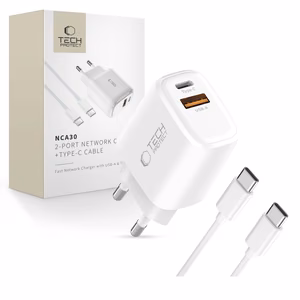 Tech-Protect NCA30 PD 30W QC3.0 USB-A / USB-C Seinälaturi + USB-C / USB-C Kaapeli 100cm - Valkoinen