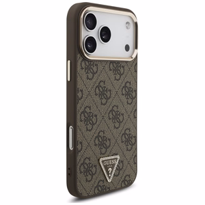 Guess PU Leather 4G Strass Triangle Logo Gold Frame MagSafe -kuori Apple iPhone 18 Pro Max -puhelimelle, ruskea